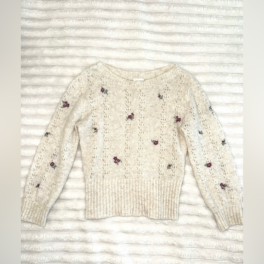 abercrombie kids Girl Cream Crewneck Sweater with Pink Floral Accents